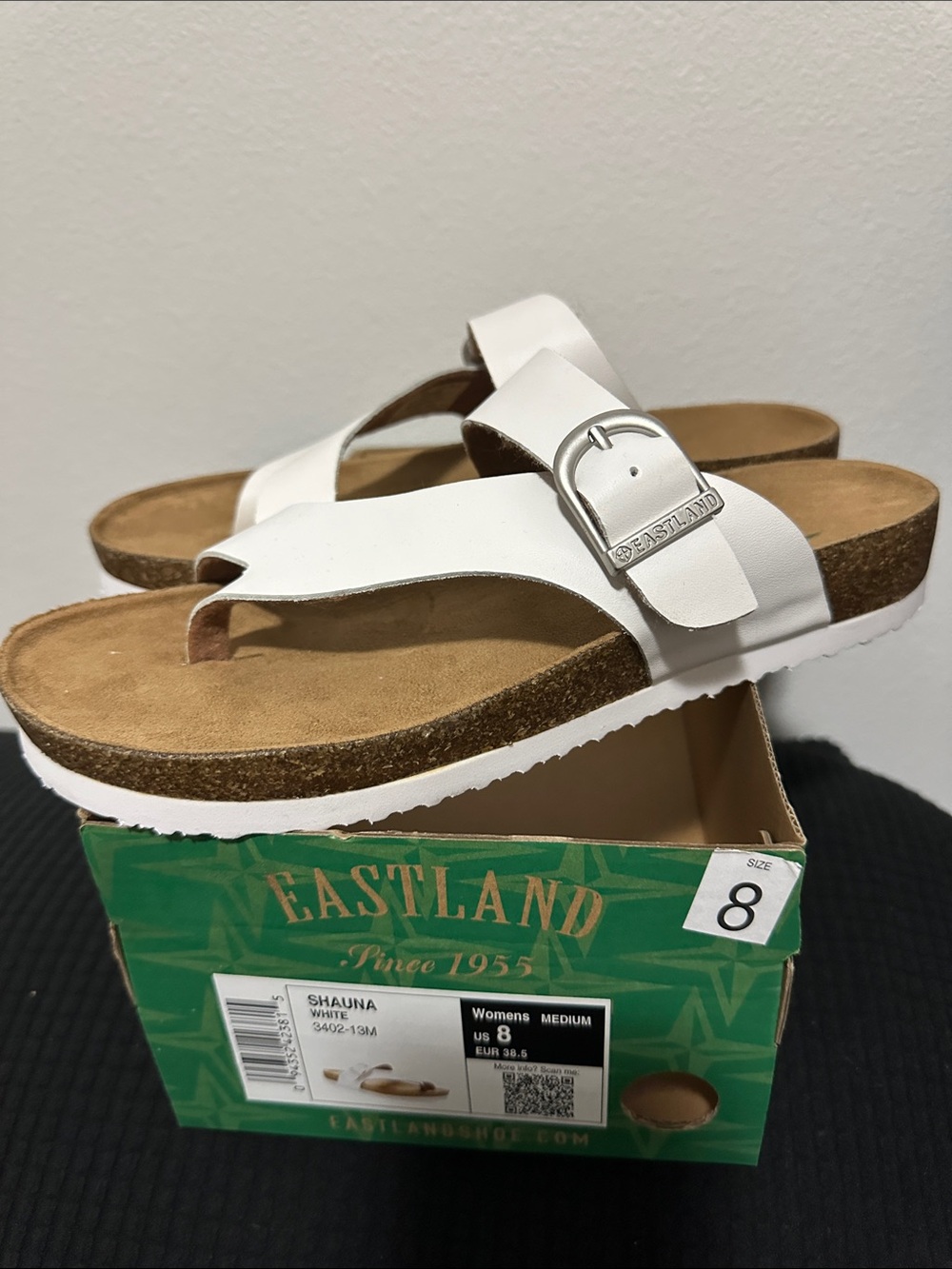 Eastland White Cork-Style Thong Sandals with Buckle